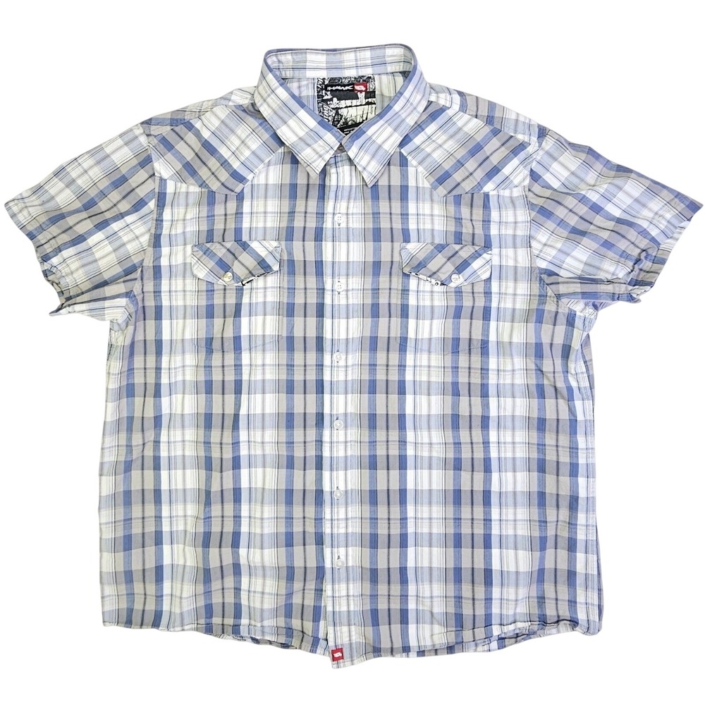 Tony Hawk Mens XL Blue Grey Plaid Short Sleeve Western Snap Pocket Skate Shirt